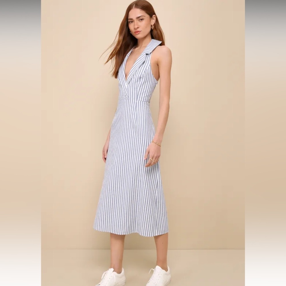 White and Blue Striped Cutout Midi Dress